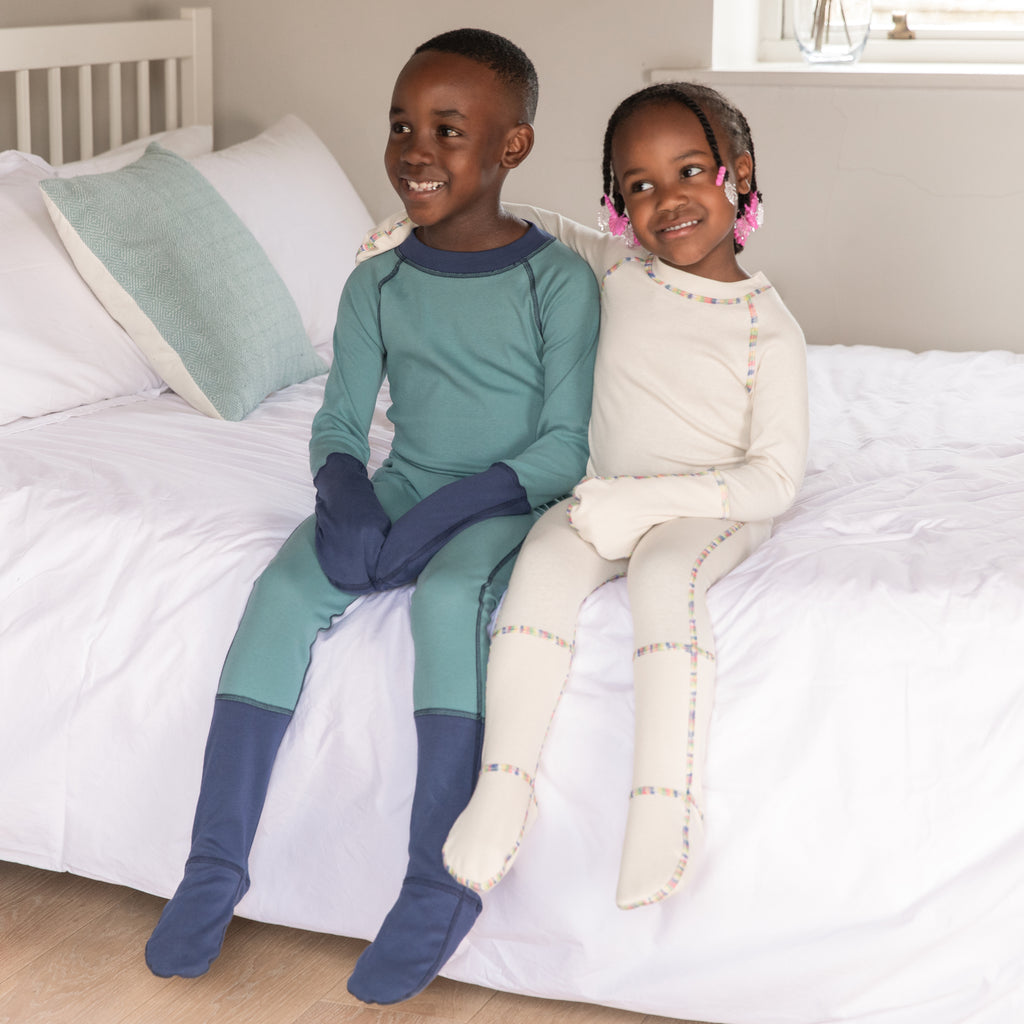 All in one PJ from Cotton Comfort in natural and navy with agate green. 