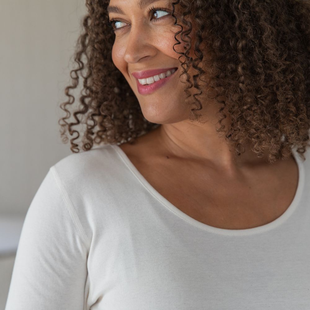 Pure Comfort women's long sleeve baselayer top, super-soft 100% organic cotton - worn, close up