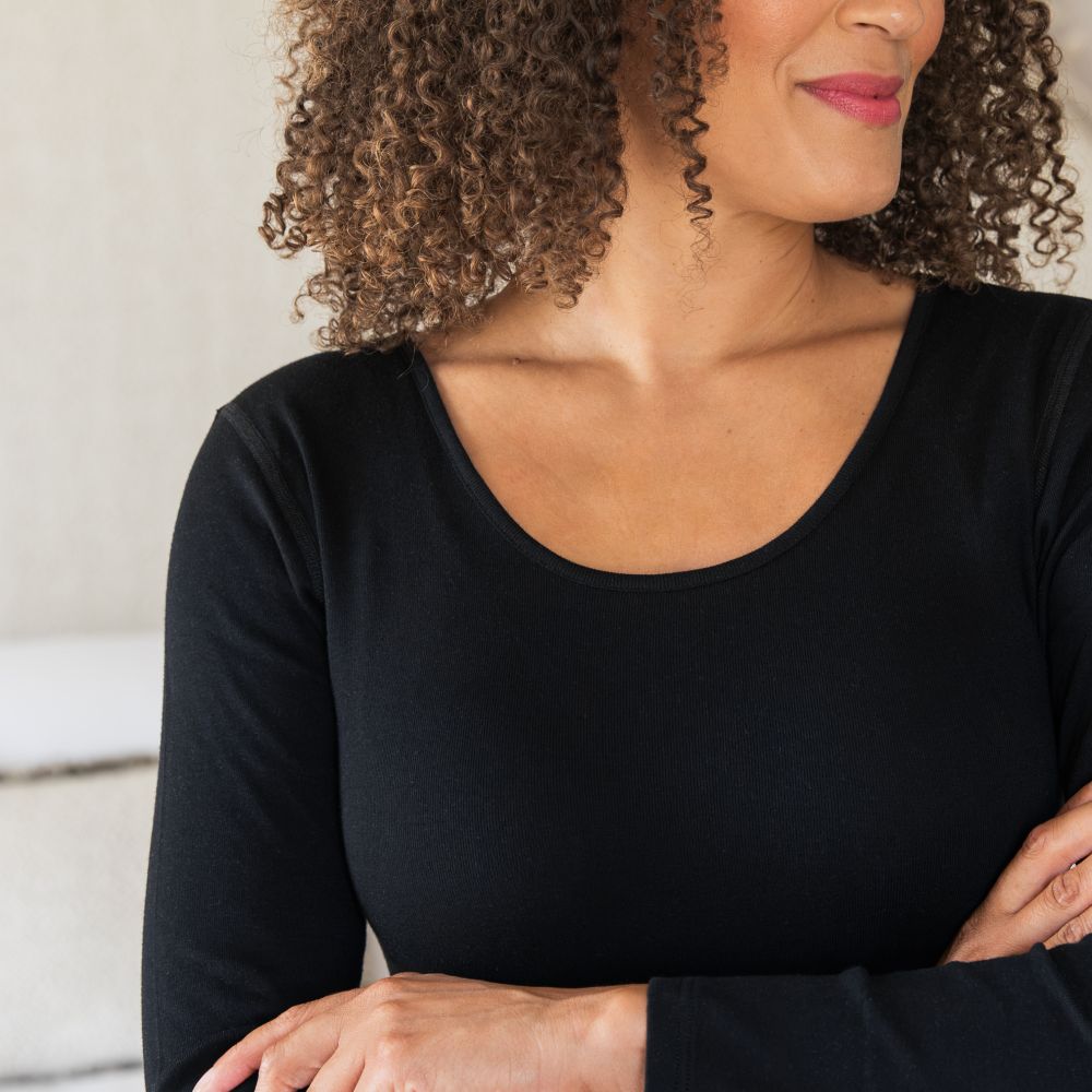 Pure Comfort women's long sleeve baselayer top, 100% organic cotton - worn, detail