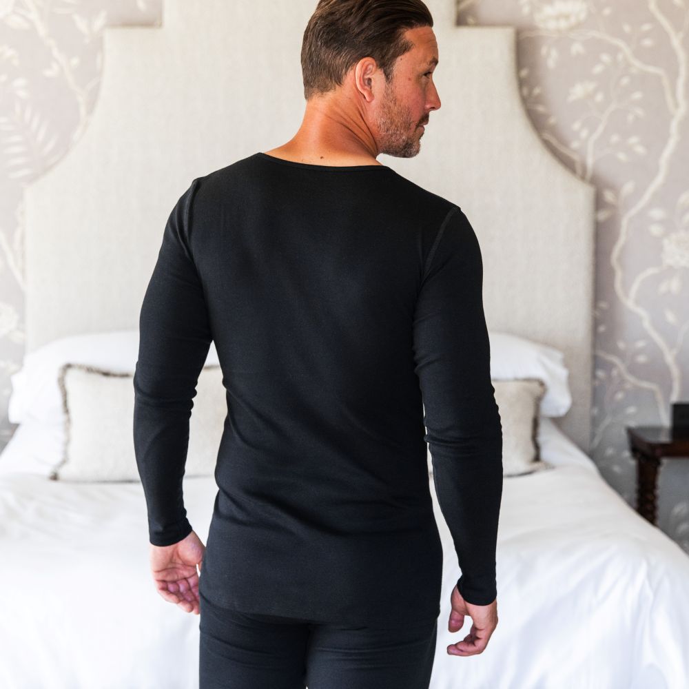 Pure Comfort men's long sleeve baselayer top in black - back view