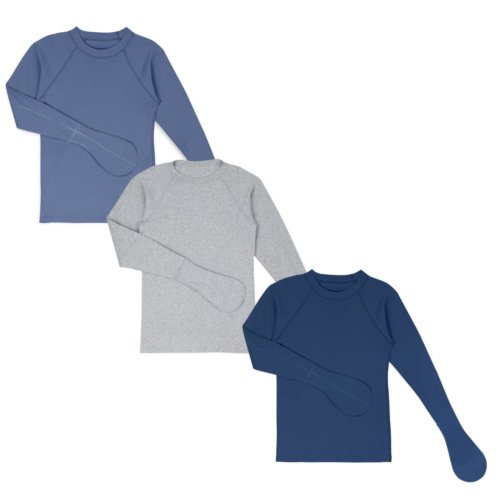 Open hand scratch mitten T in coastal blue, grey marl and navy peony