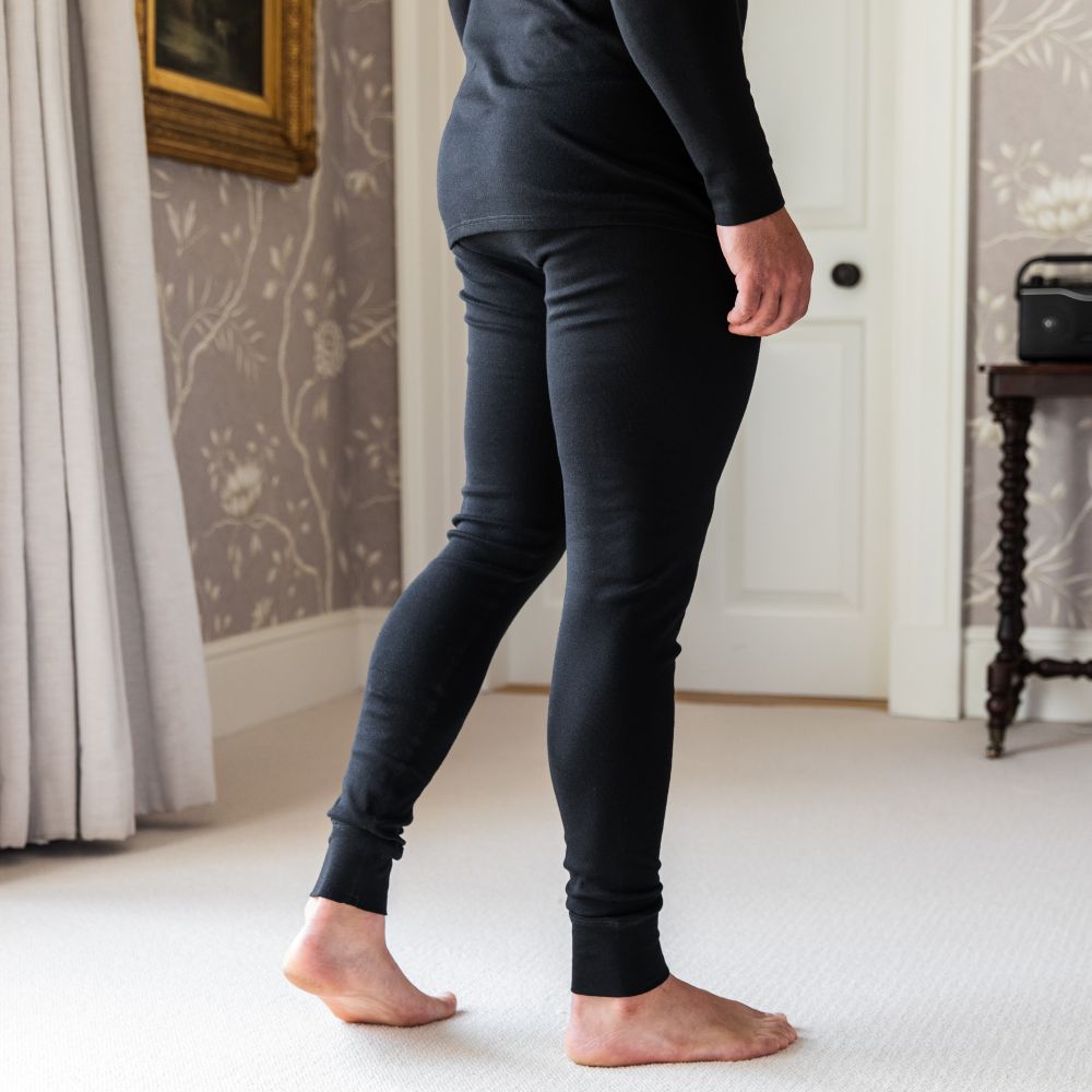 Pure Comfort men's long johns in black - side view, no outer side seams